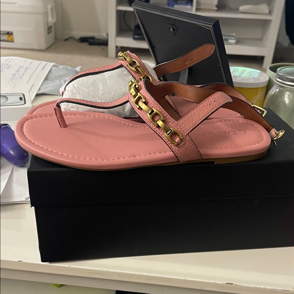 Coach Blush Sandals with Gold Chain Accent - Picture 4 of 4